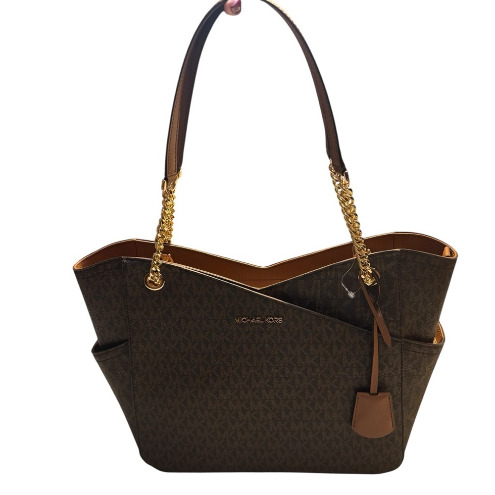 NWT Michael Kors Bag Jet Set Travel Large Chain Shoulder Tote Brown Gold Accents - Picture 2 of 16